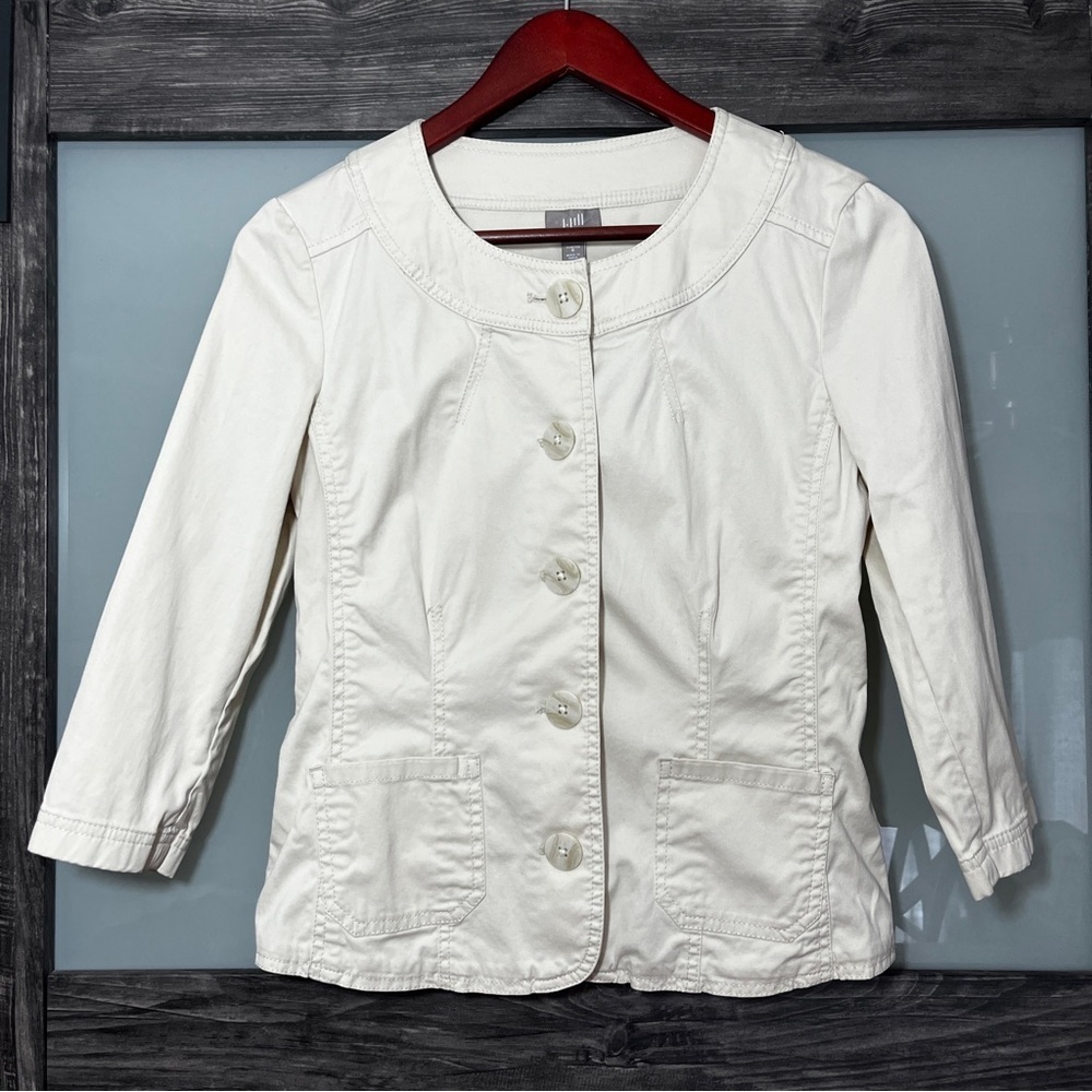 J. Jill Cropped 3/4 Sleeve Cream Button-Up Blazer Women's 6 Career Office Preppy